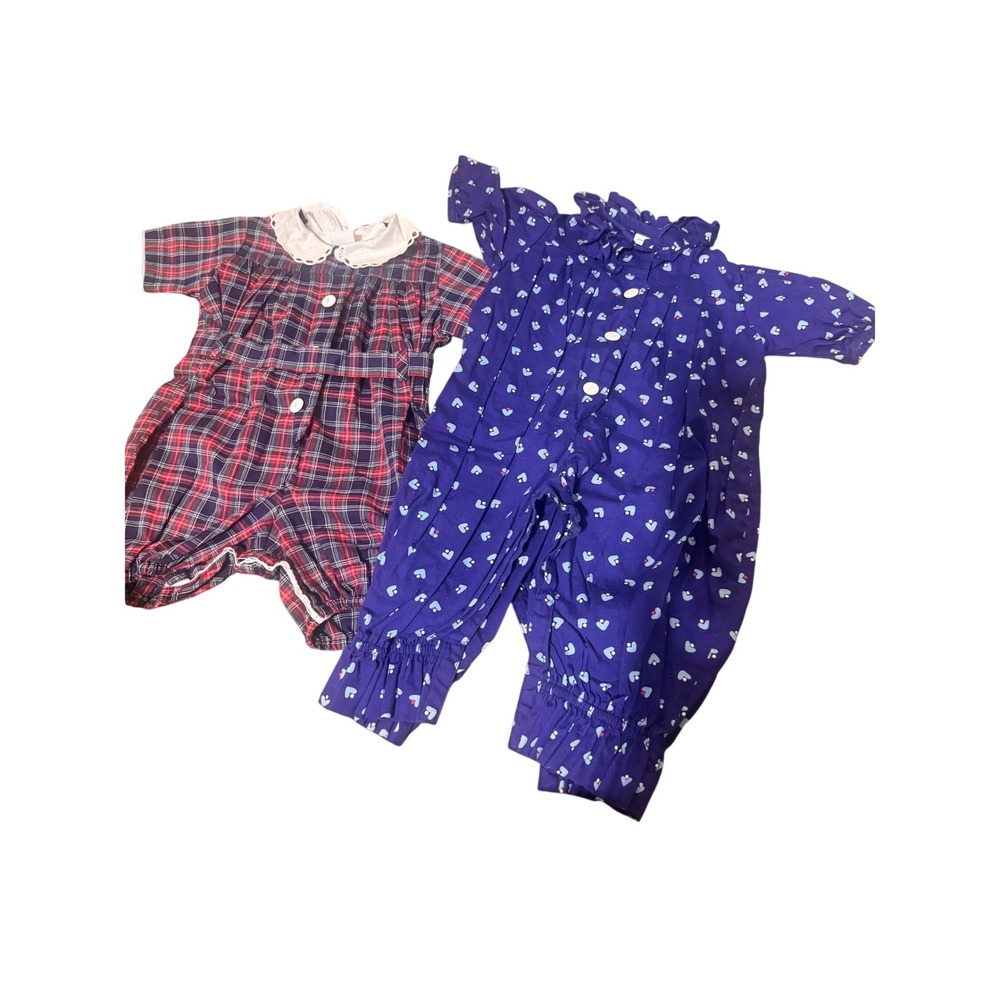 Vintage Sir Alec Dallas Plaid Romper & Blue Heart Jumpsuit Set 12M Cottagecore
